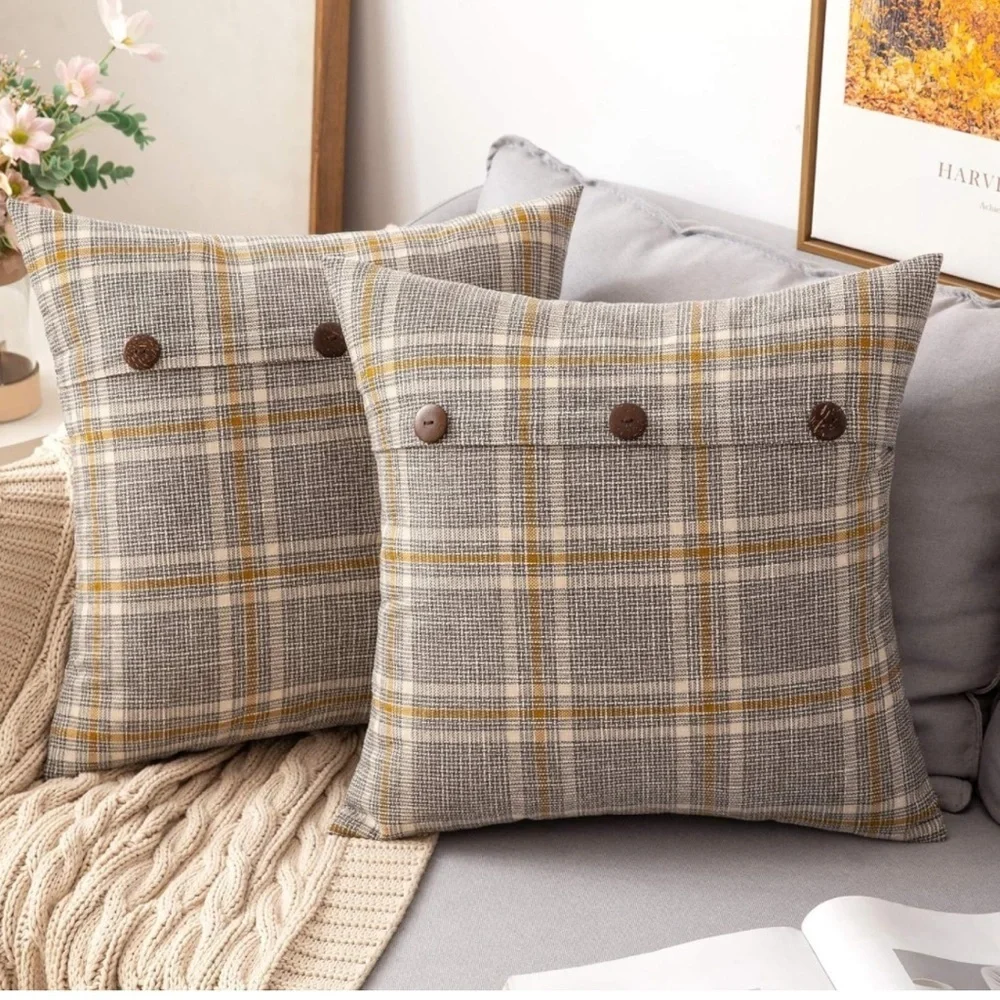 Farmhouse Plaid Linen Grey Tan Cream Striped Button Throw Pillow Decor Cover - Picture 6 of 6